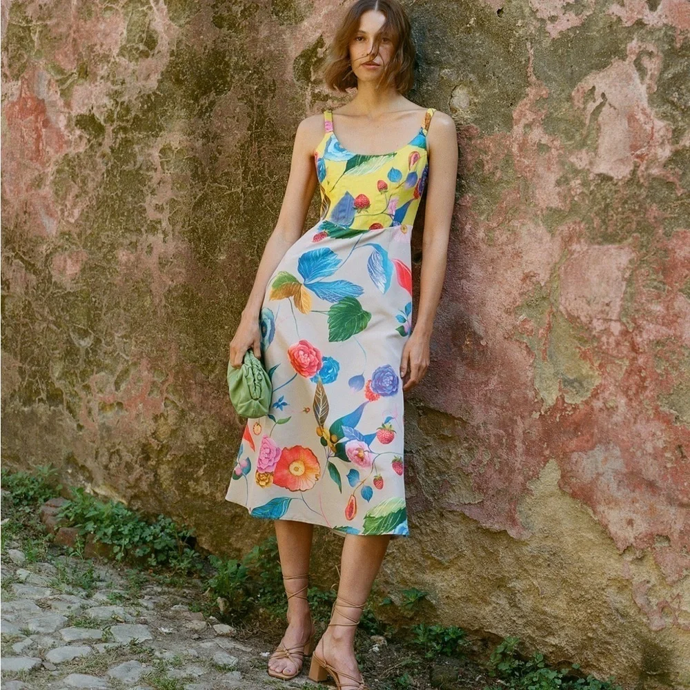 Tuckernuck Vivid Jardin Dominique Dress S Multi Yellow Floral Midi NWT